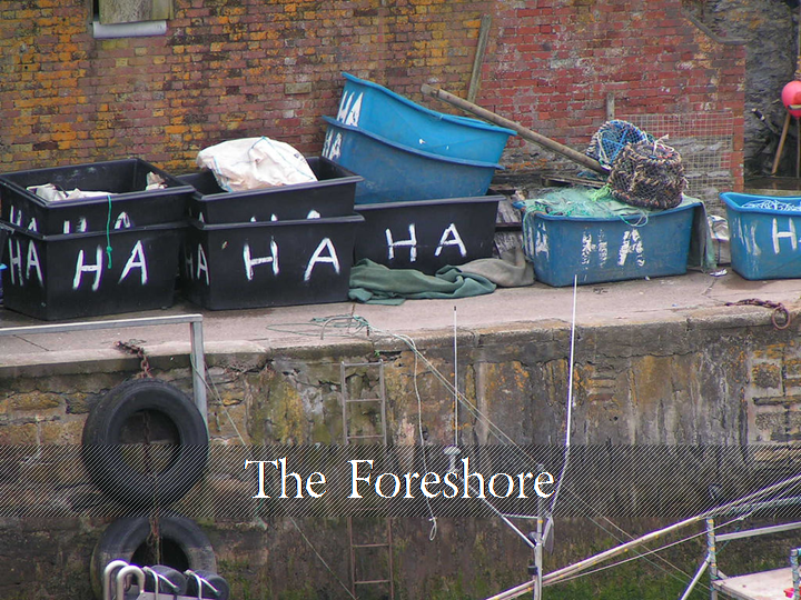 Heading: The Foreshore (Cornish fishing buckets, all with &lsquo;HA&rsquo; on the side)