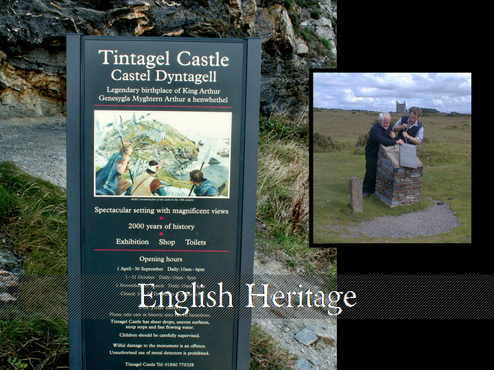 Heading: English Heritage (photos of Tintagel Castle information sign, and separatists removing sign with tools)