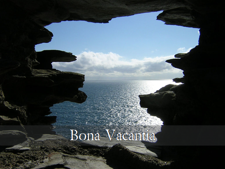 Heading: Bona Vacantia (photo of Cornish sea through a jagged rock)
