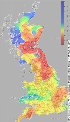 Map of the UK, showing difference in journey times by car or train from Edinburgh