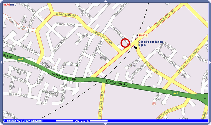 Map of Cheltenham, with an area to the left and up a bit from the station marked with a red circle