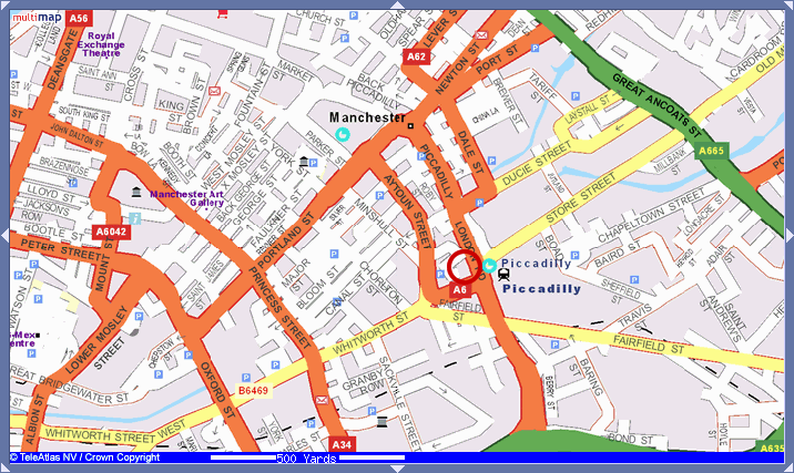 Map of Manchester, with an area to the left and up a bit from the station marked with a red circle