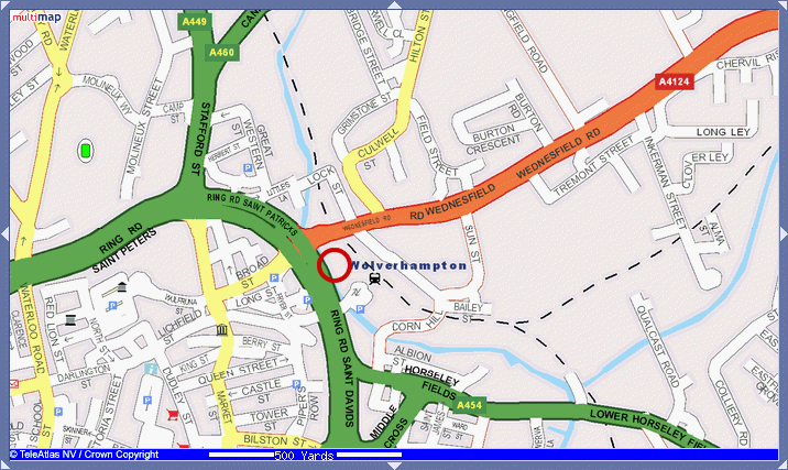 Map of Wolverhampton, with an area to the left and up a bit from the station marked with a red circle