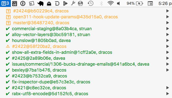 Example of the BitBar Travis plugin in use on my menu
bar, showing some in progress and some successful builds.