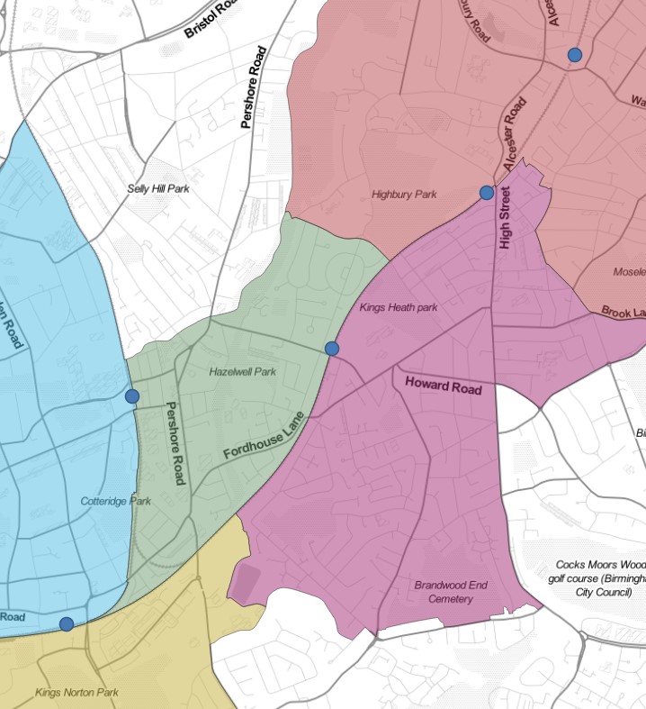 Kings Norton, Bournville, and the proposed new Pineapple Road, Kings Heath and Moseley stations plotted on a map showing ward boundaries.