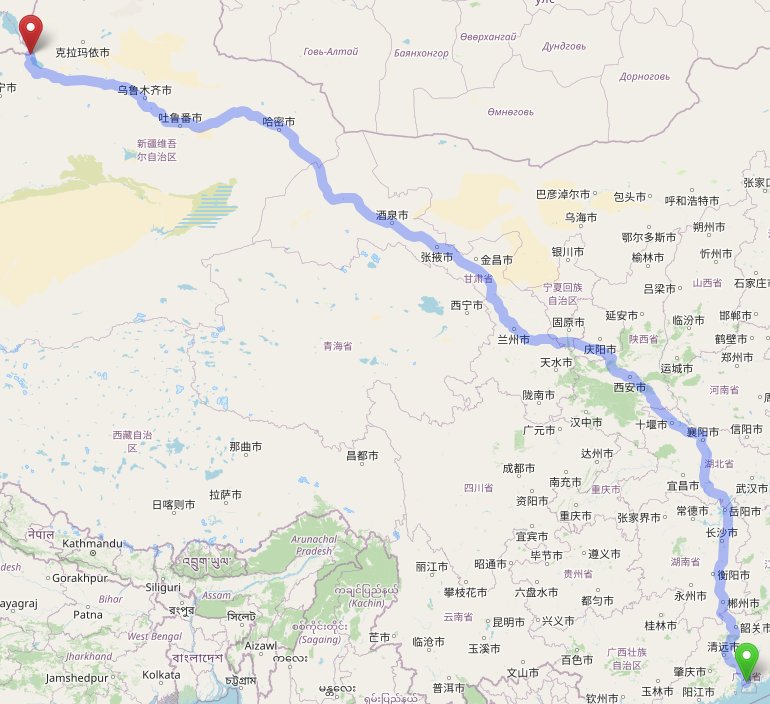 Map showing route from Shenzhen to Alashankou.