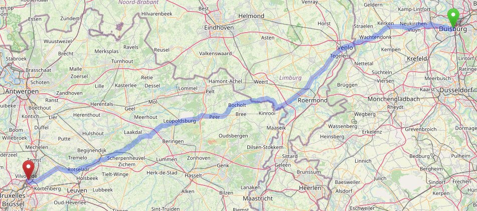Map showing route from Duisburg to Brussels.