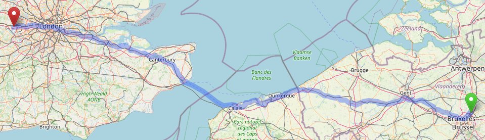 Map showing route from Brussels to Heathrow.