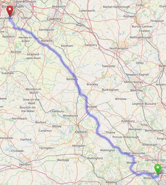 Map showing route from Heathrow to Kings Norton, Birmingham.